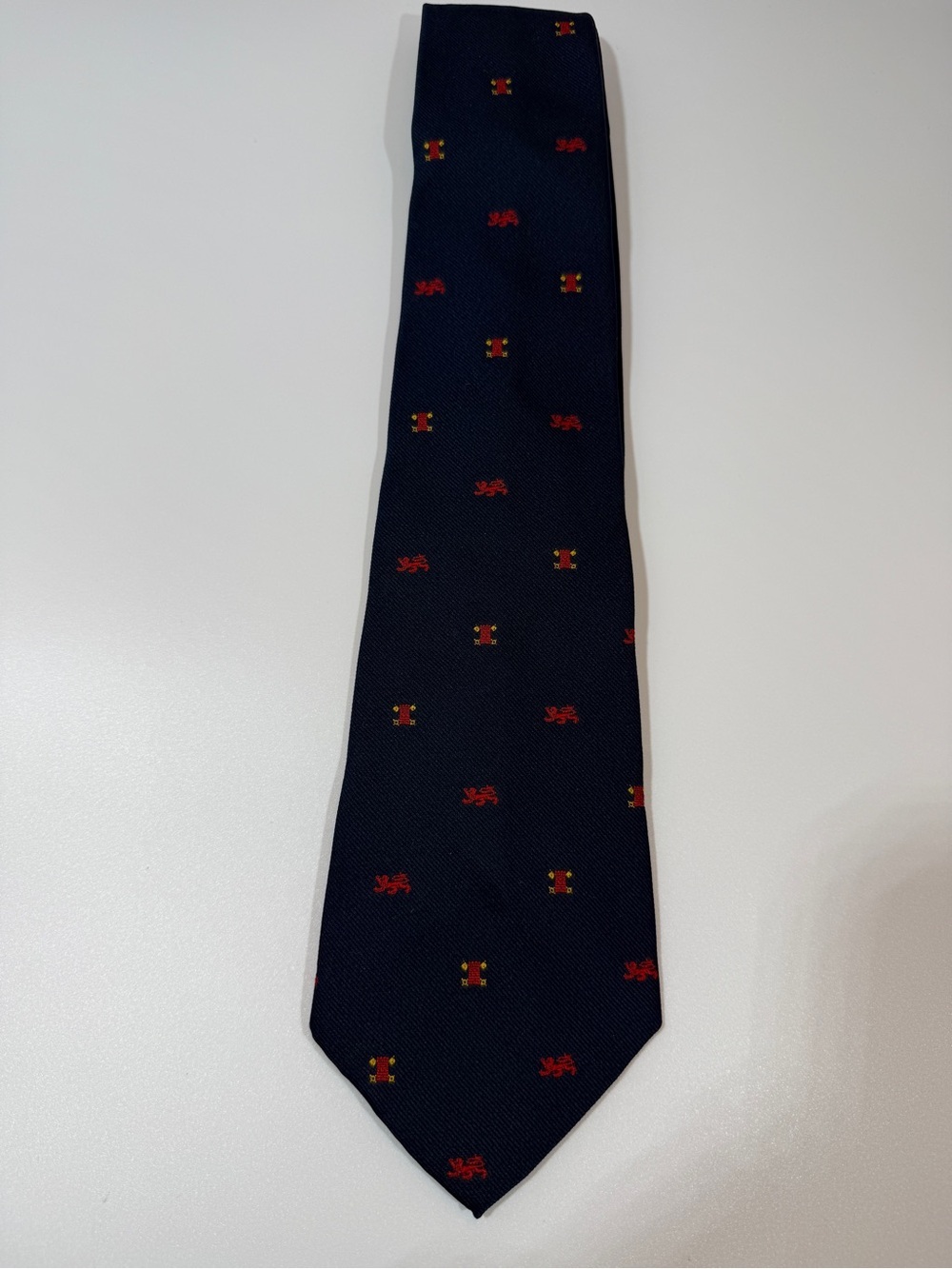 Classic Navy Tie with Red Accent Motif - Made in England